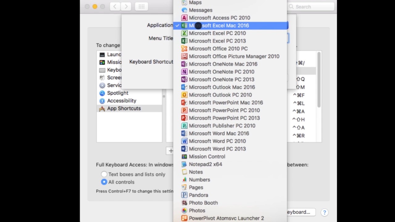 get pc shortcuts on excel for mac